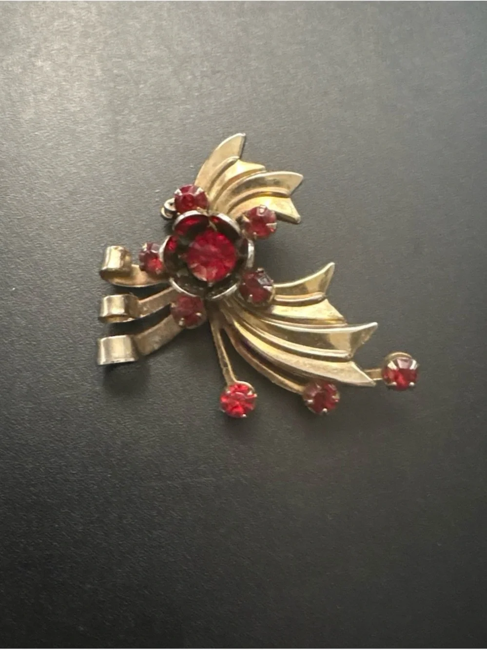 Vintage Gold-Tone Floral Brooch with Red Crystal Accents